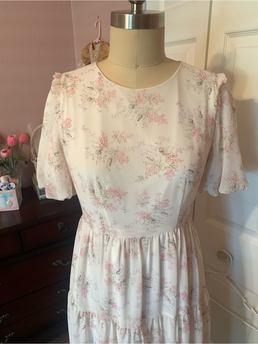 TOMORROW FASHION Floral Puff-Sleeve Coquette Midi Dress